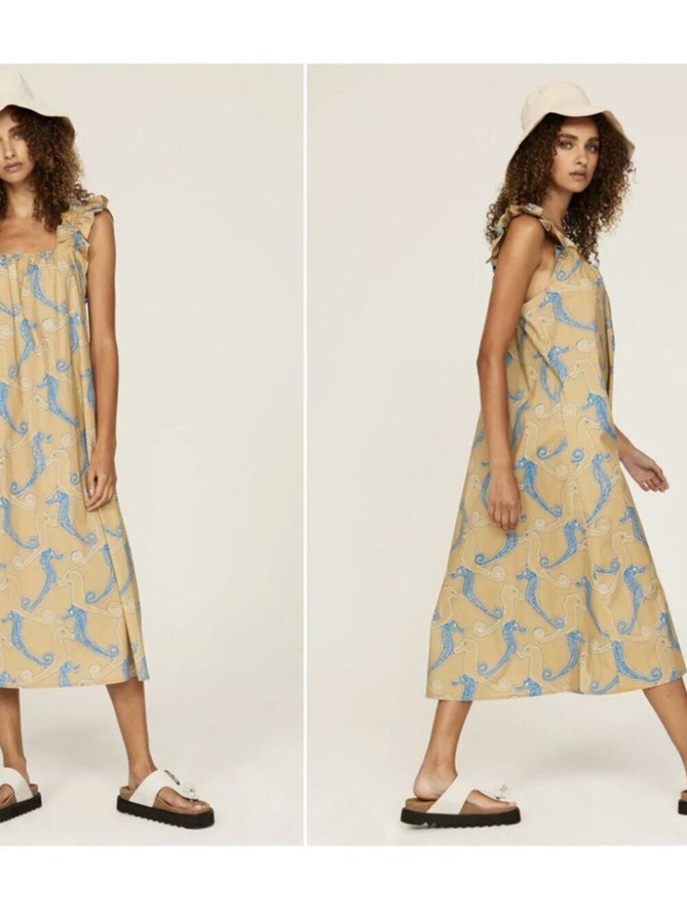 Samsoe Samsoe Gill Midi Dress Aqua Seahorse Ruffles Sleeveless Beach Summer M